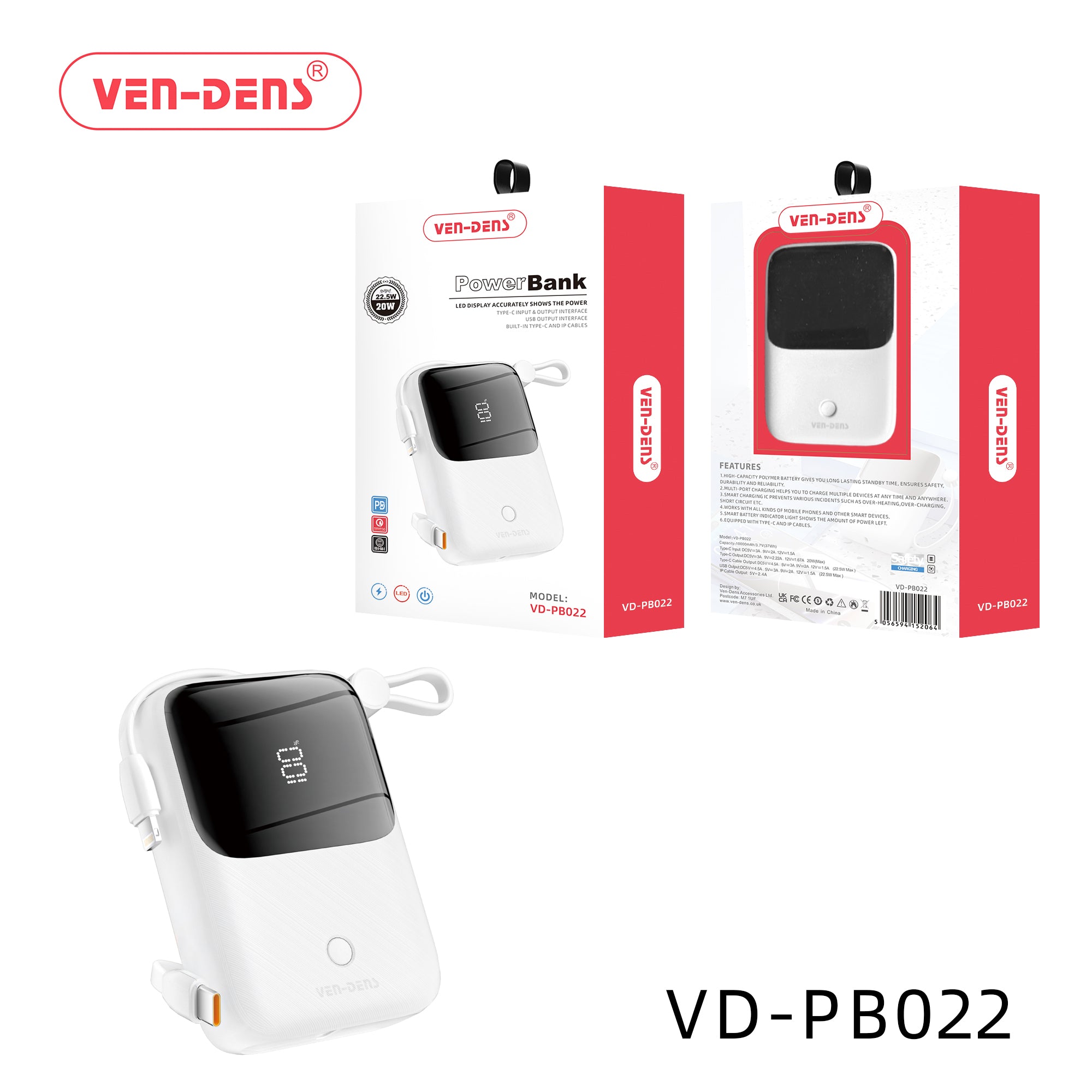 Ven-Dens VD-PB022 Power Bank 10000mAh 22.5W/20W LED Display